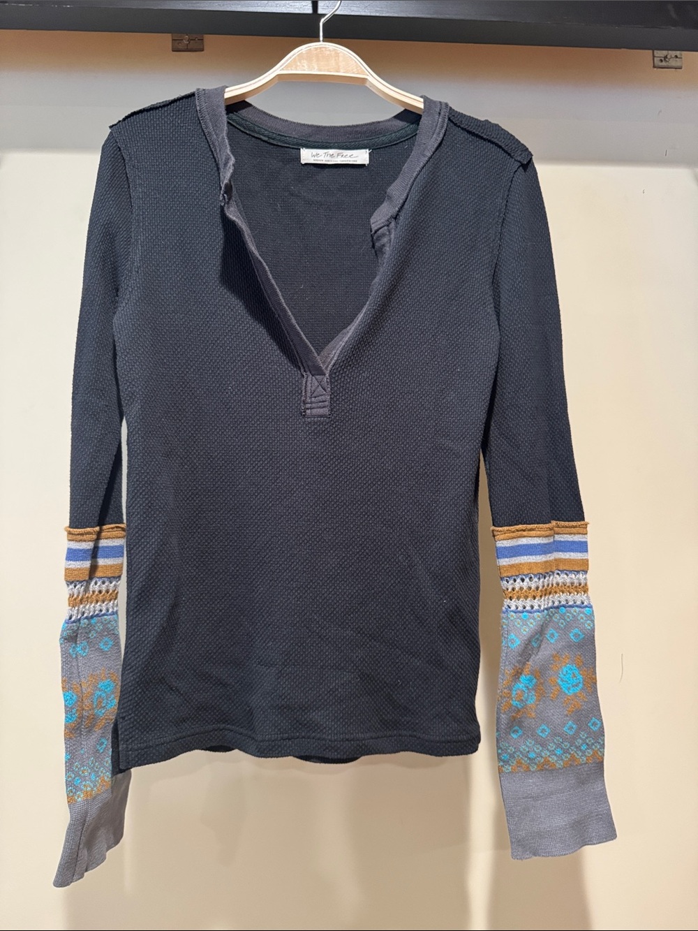 We The Free Black Long-Sleeve Henley with Patterned Cuffs